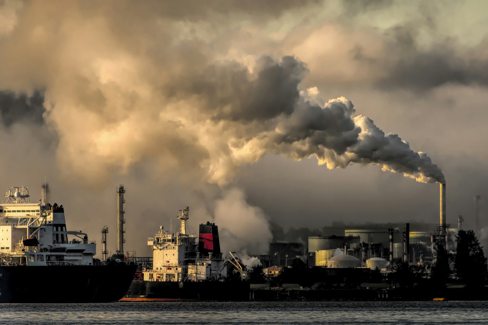 Industrial waterfront with ships and plant infrastructure, representative of Houston Ship Channel industry